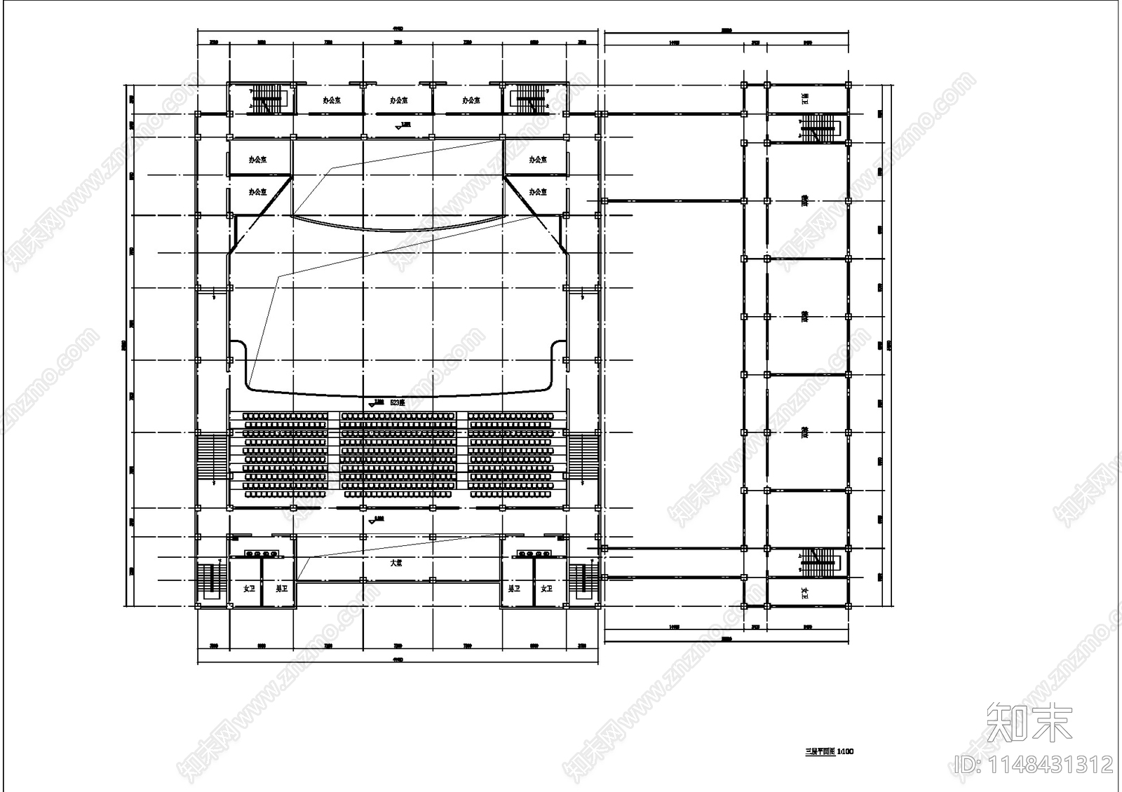 1200座报告厅建筑平面cad施工图下载【ID:1148431312】