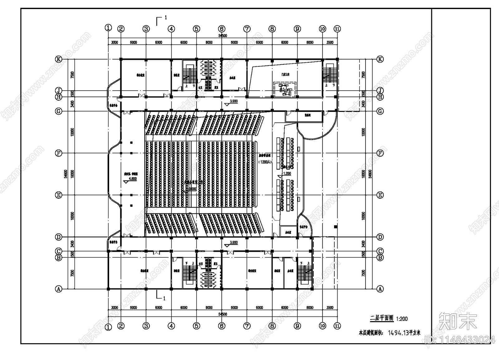 1200座报告厅建筑平面cad施工图下载【ID:1148433024】