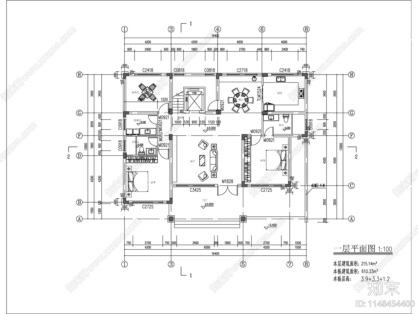 新中式两层半独栋别墅建筑施工图下载【ID:1148649784】