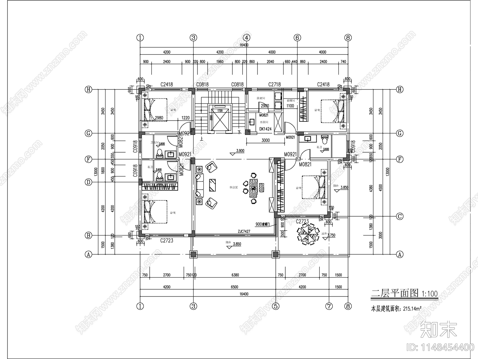 新中式两层半独栋别墅建筑施工图下载【ID:1148649784】