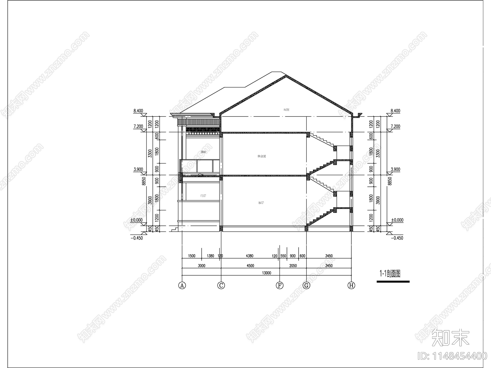 新中式两层半独栋别墅建筑施工图下载【ID:1148649784】