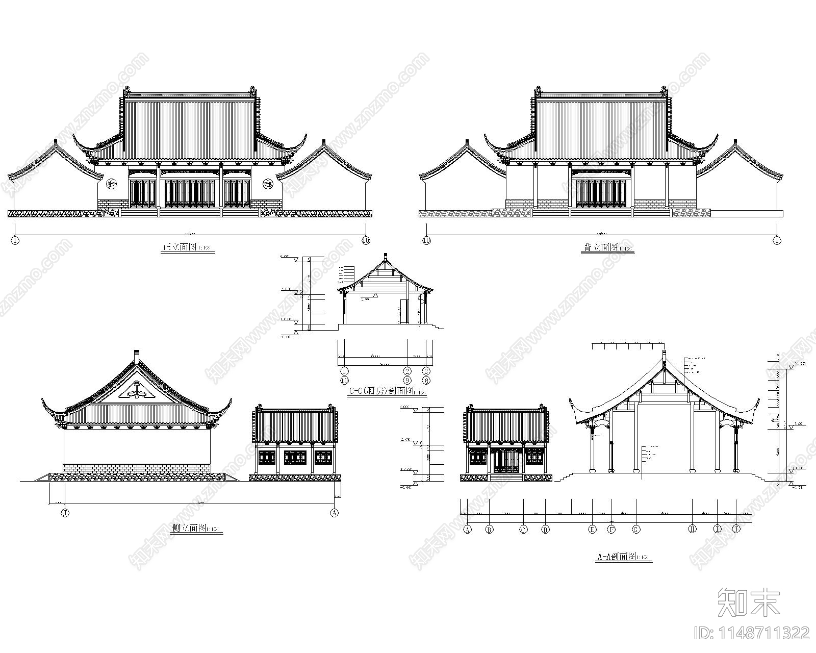 中式建筑财神殿古建筑cad施工图下载【ID:1148711322】