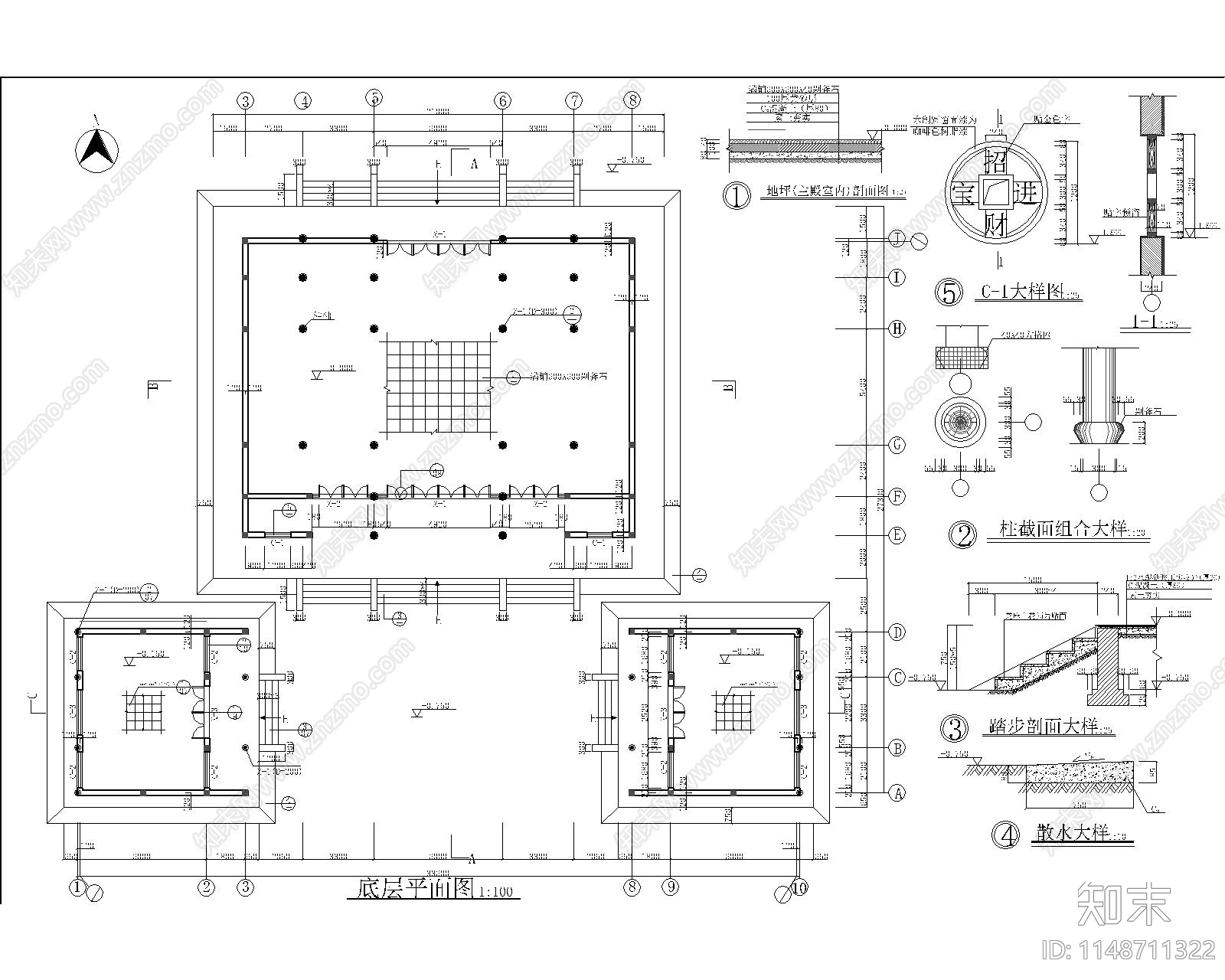 中式建筑财神殿古建筑cad施工图下载【ID:1148711322】