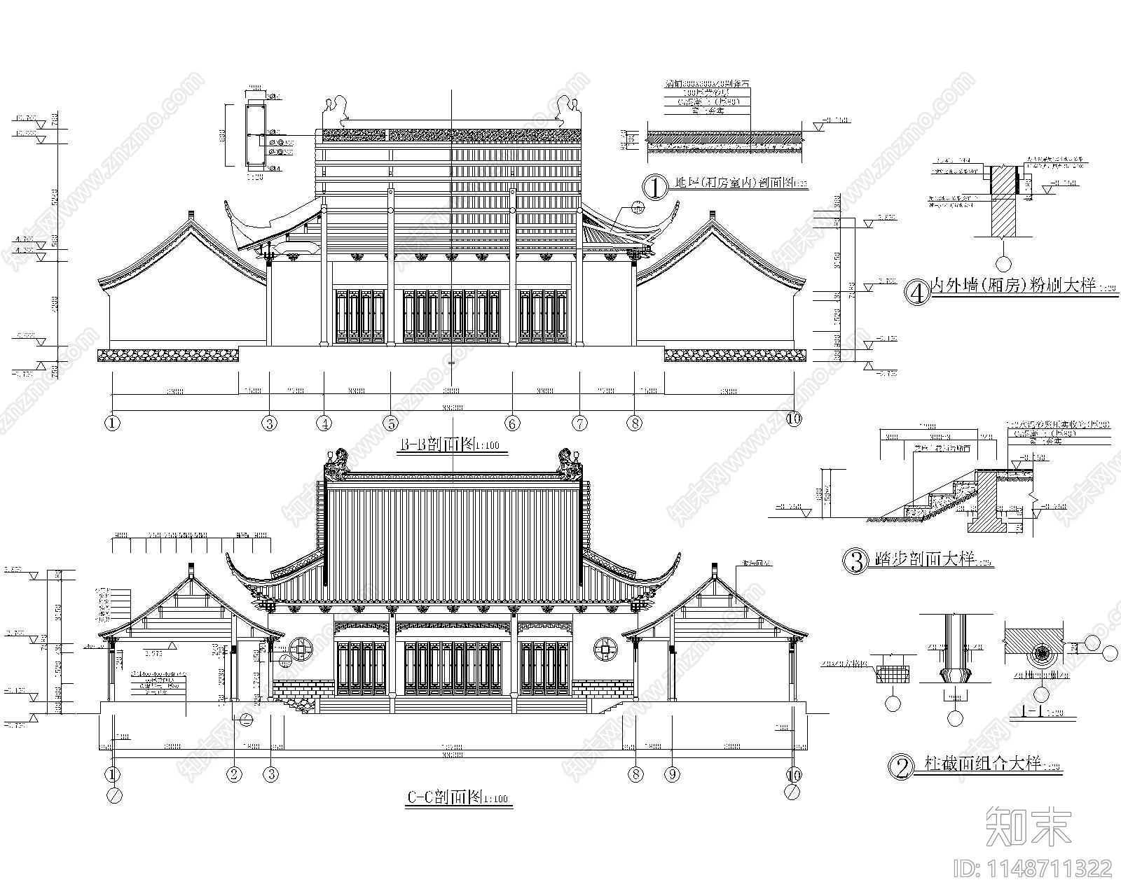 中式建筑财神殿古建筑cad施工图下载【ID:1148711322】