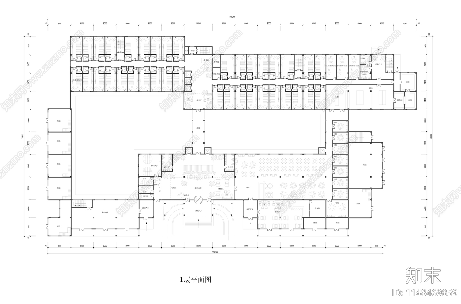 四层酒店建筑平面图施工图下载【ID:1148469859】