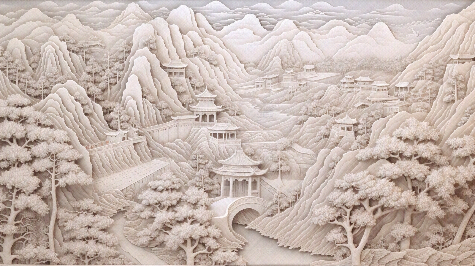 中式山水园林浮雕贴图下载【ID:1148470673】