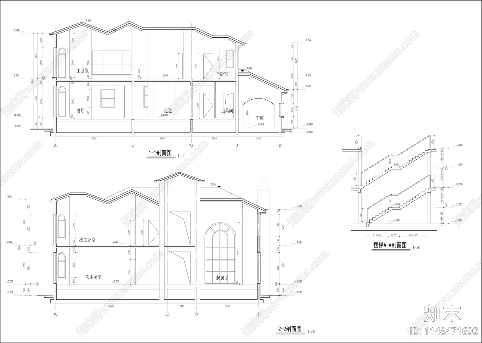 地中海风格别墅建筑cad施工图下载【ID:1148471692】