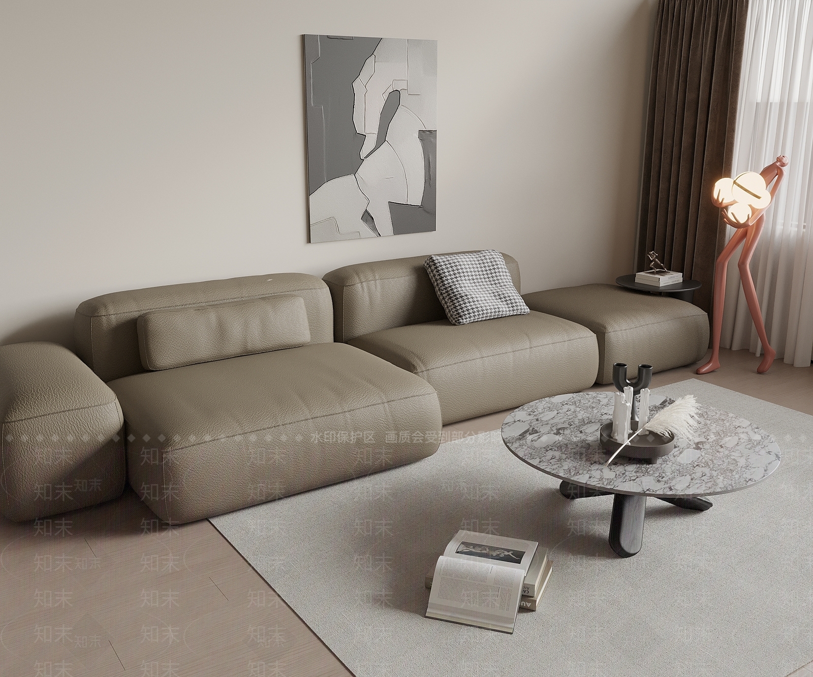 现代皮质沙发茶几组合SU模型下载【ID:1148473230】