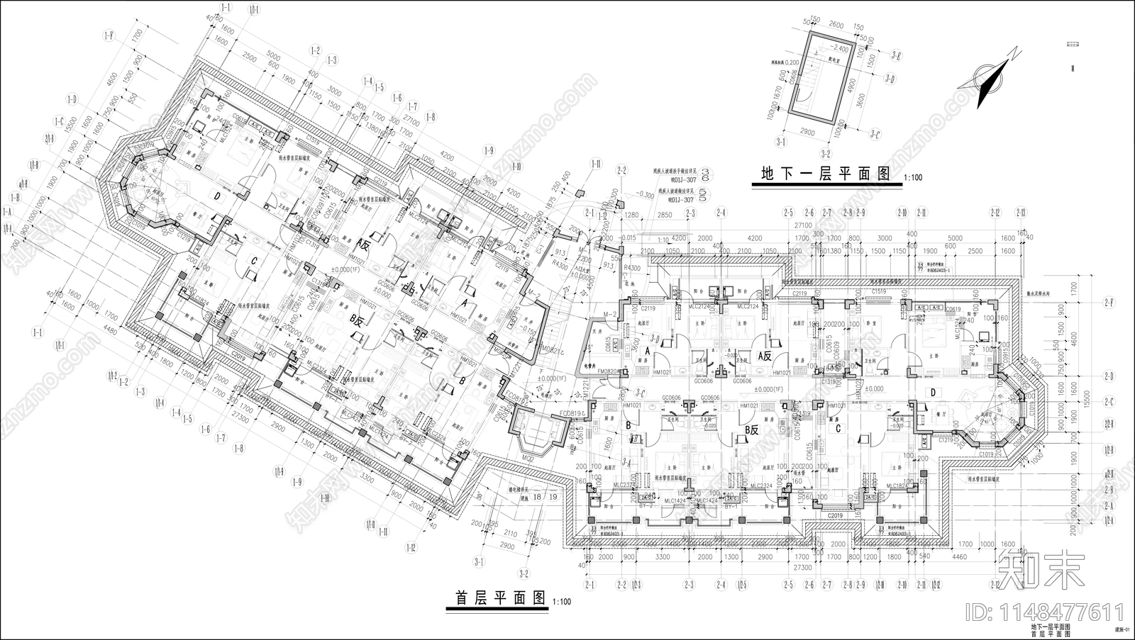 9层公寓建筑cad施工图下载【ID:1148477611】