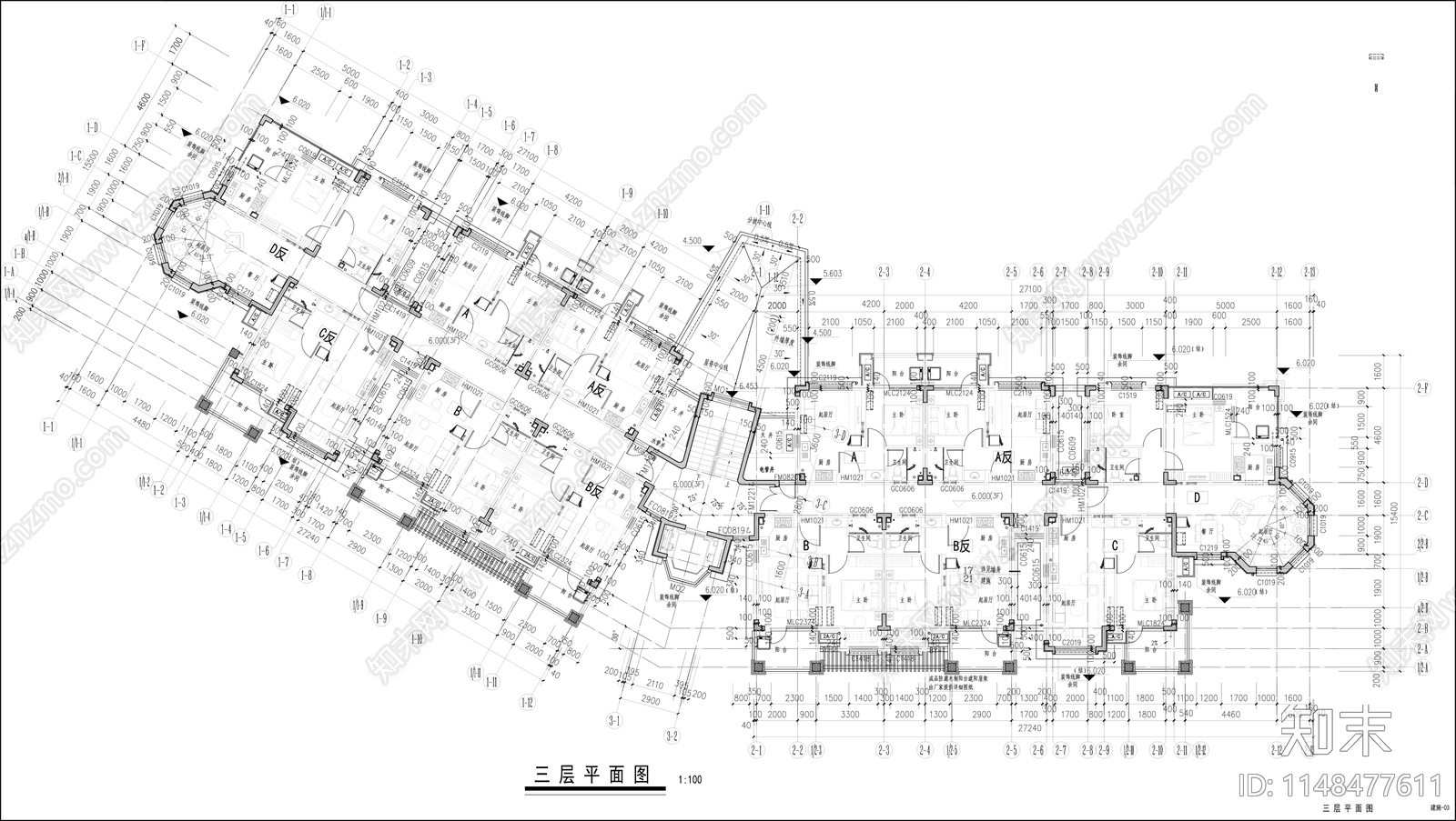 9层公寓建筑cad施工图下载【ID:1148477611】