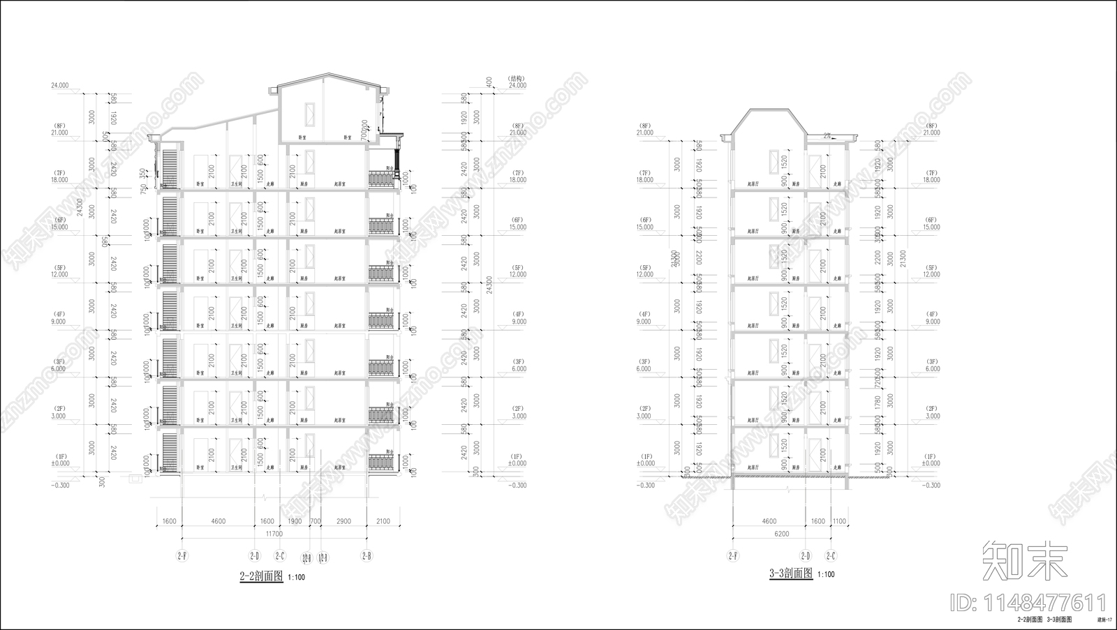 9层公寓建筑cad施工图下载【ID:1148477611】