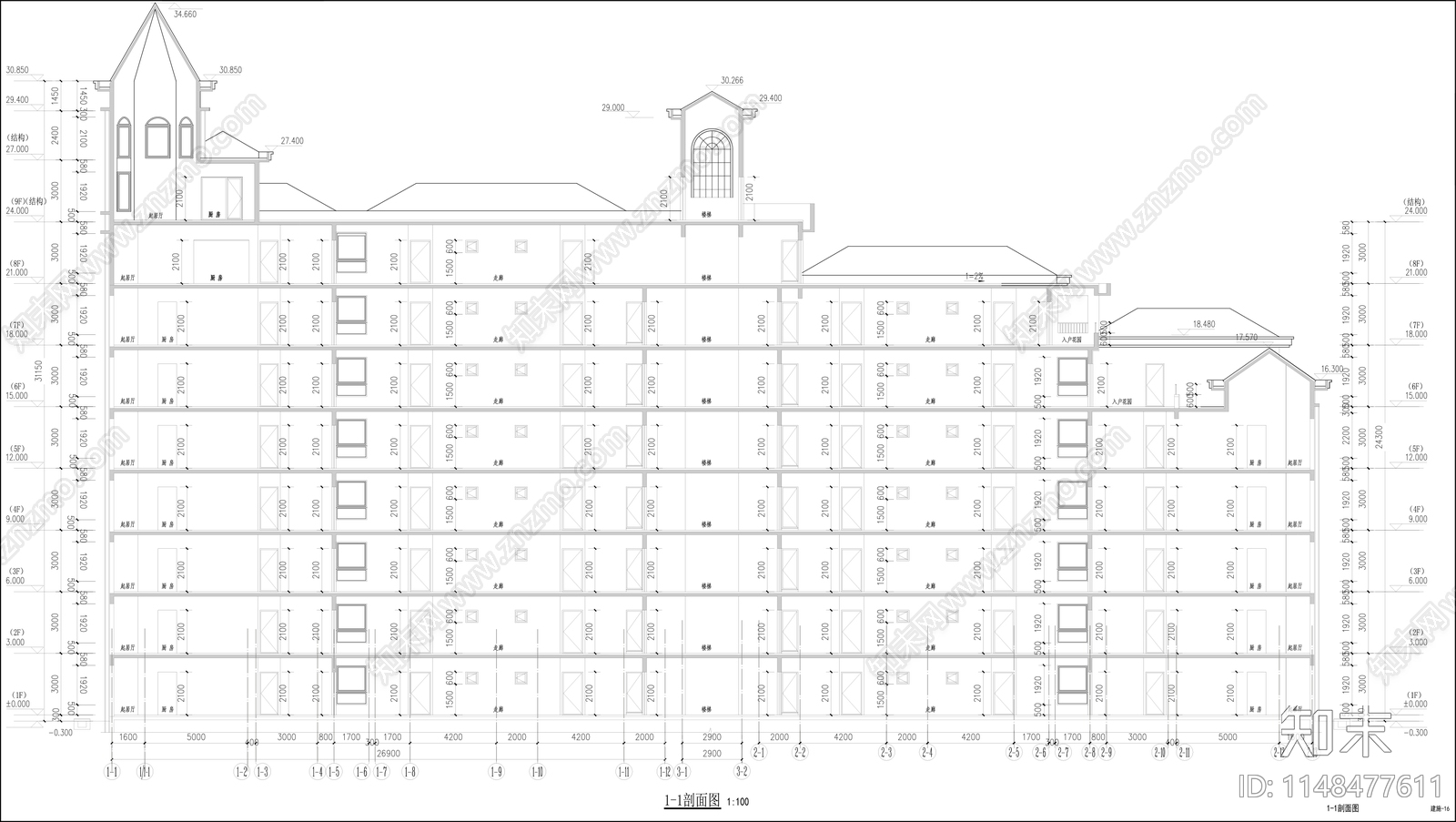 9层公寓建筑cad施工图下载【ID:1148477611】