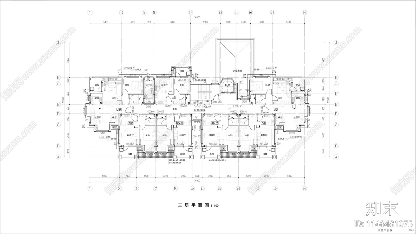 9层公寓建筑cad施工图下载【ID:1148481075】