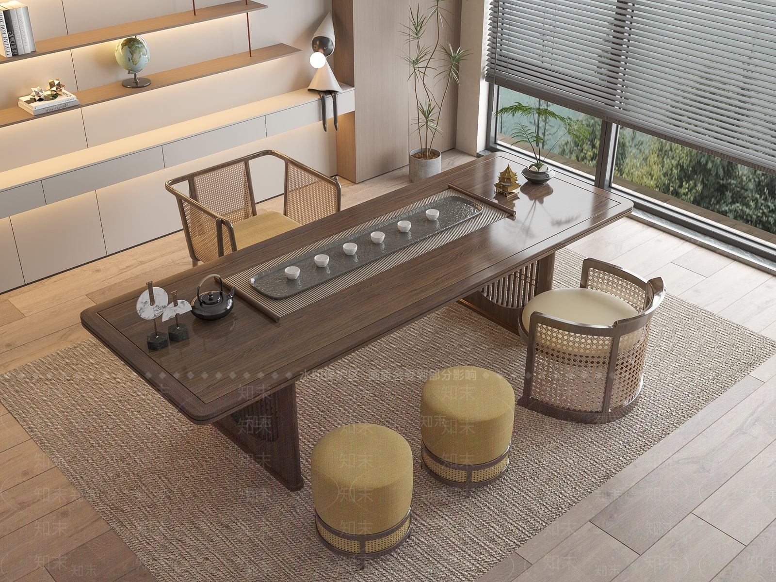 新中式茶桌椅组合3D模型下载【ID:1148483320】