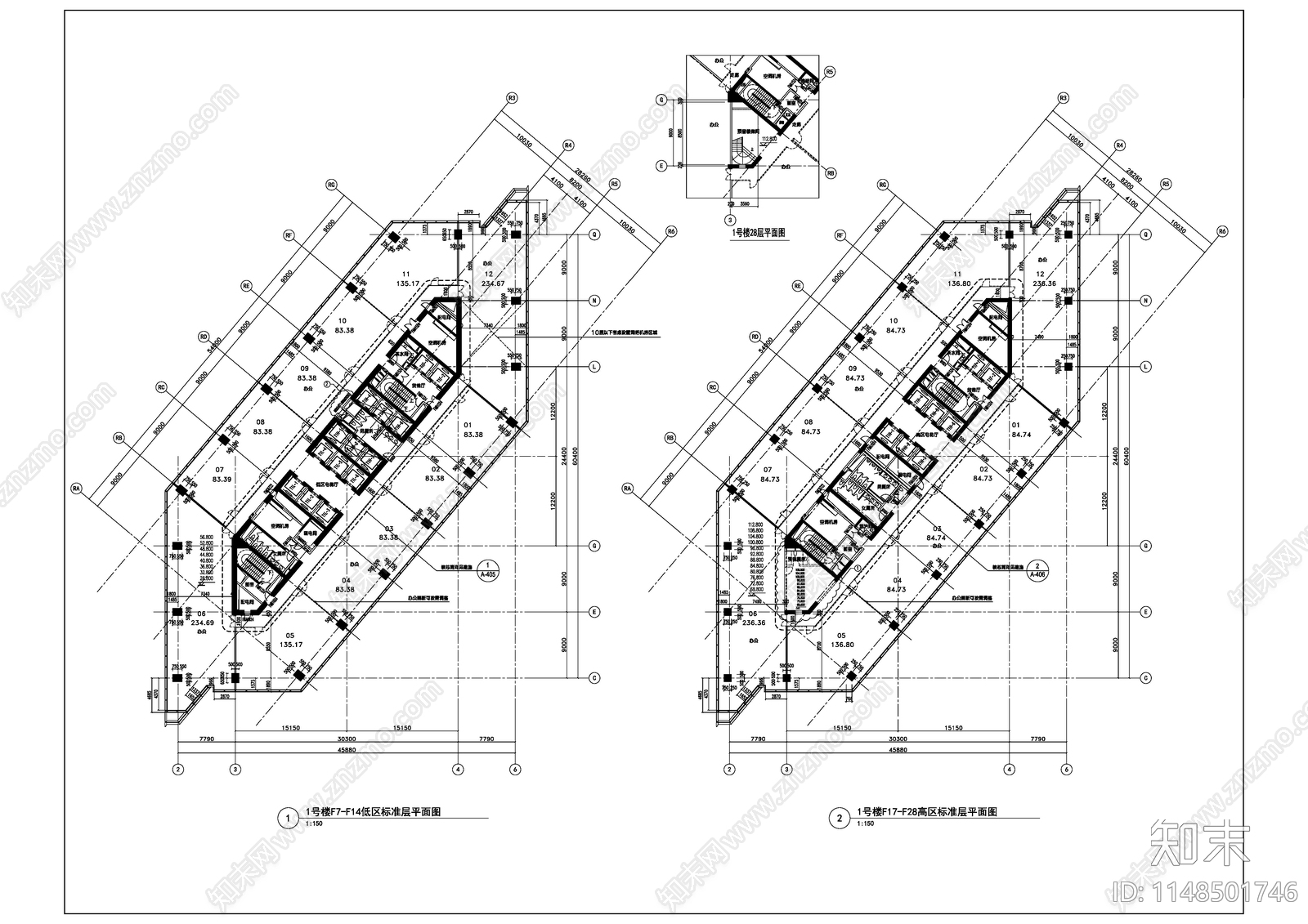 超高层办公楼建筑cad施工图下载【ID:1148501746】