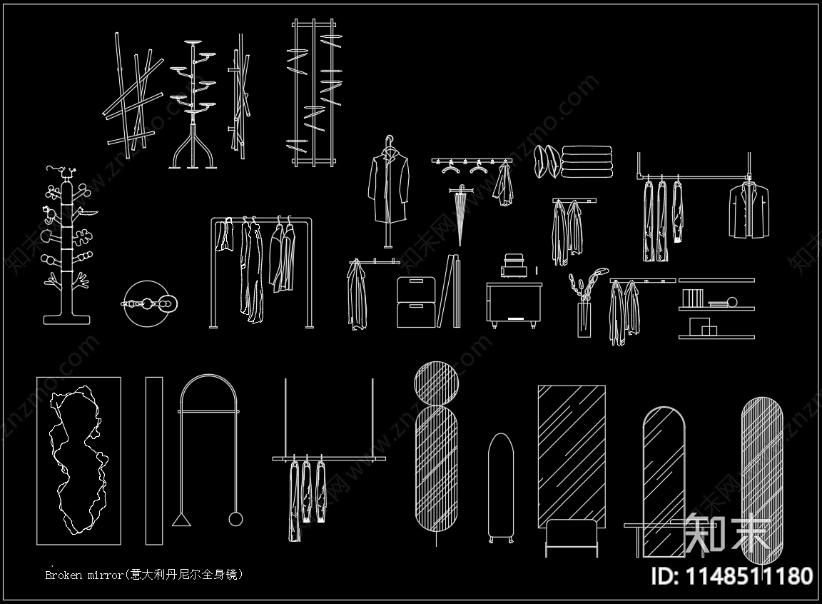 镜子衣架图库cad施工图下载【ID:1148511180】