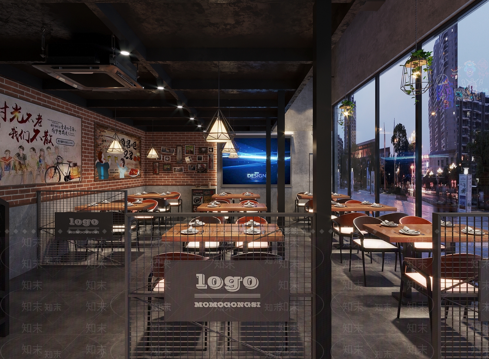 工业风烧烤店3D模型渲染效果图
