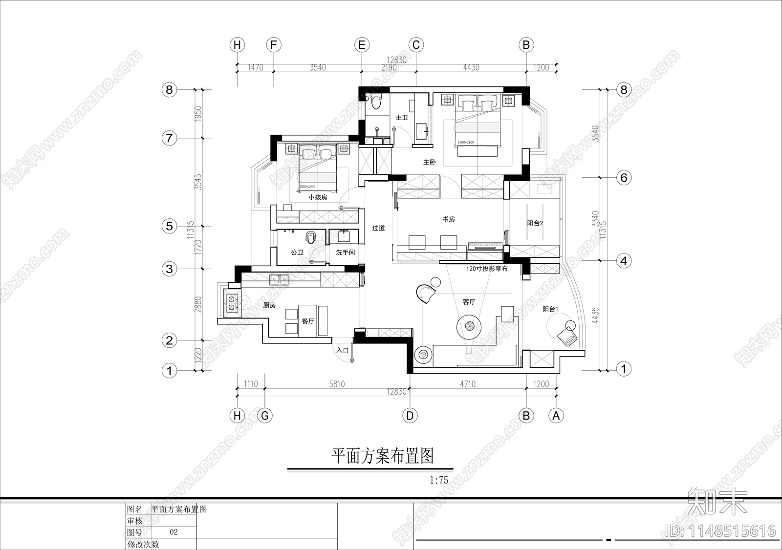 平层室内cad施工图下载【ID:1148515616】