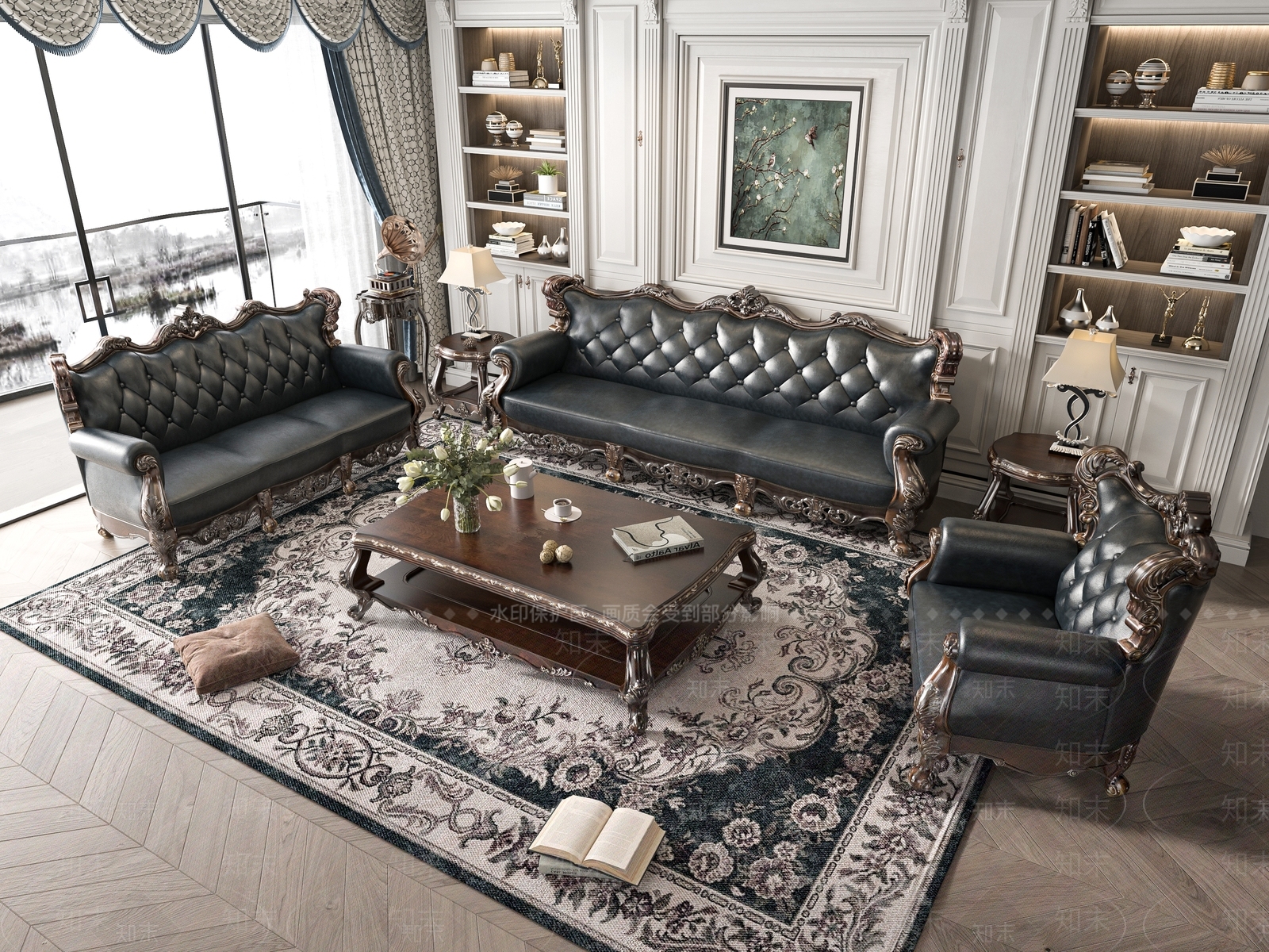 美式沙发茶几组合3D模型下载【ID:1148532044】