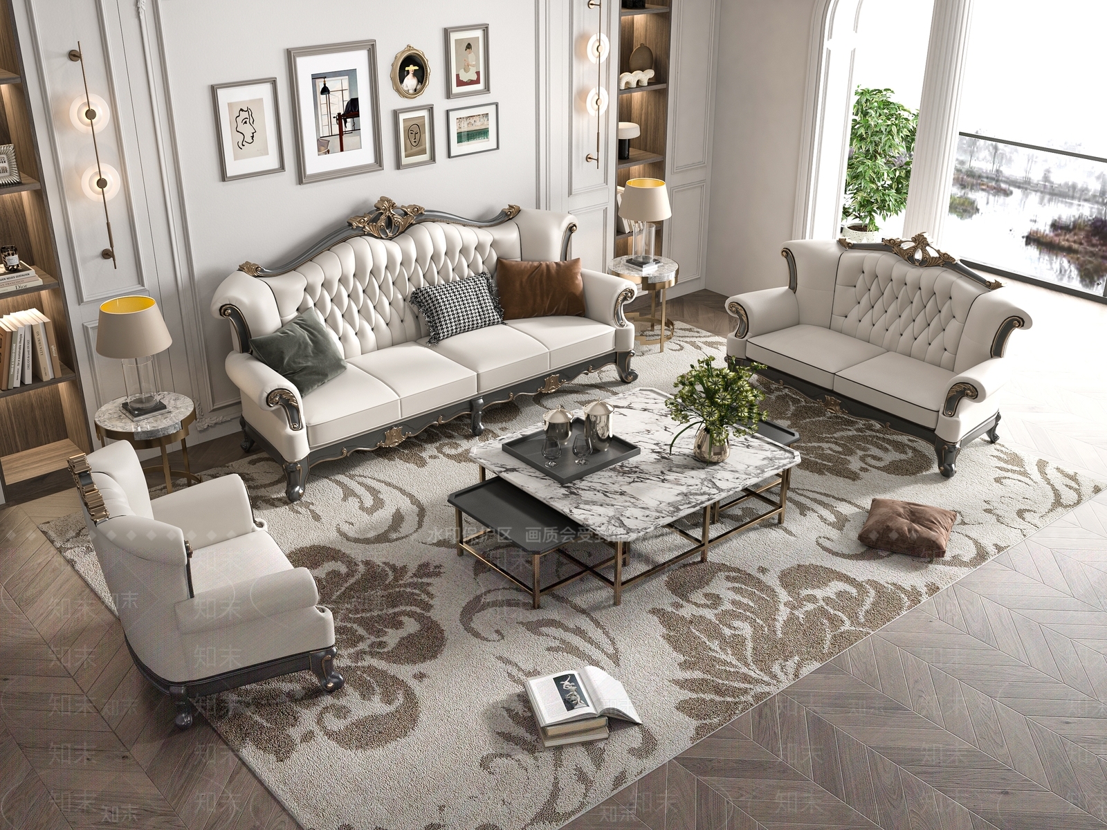欧式沙发茶几组合SU模型下载【ID:1148533286】