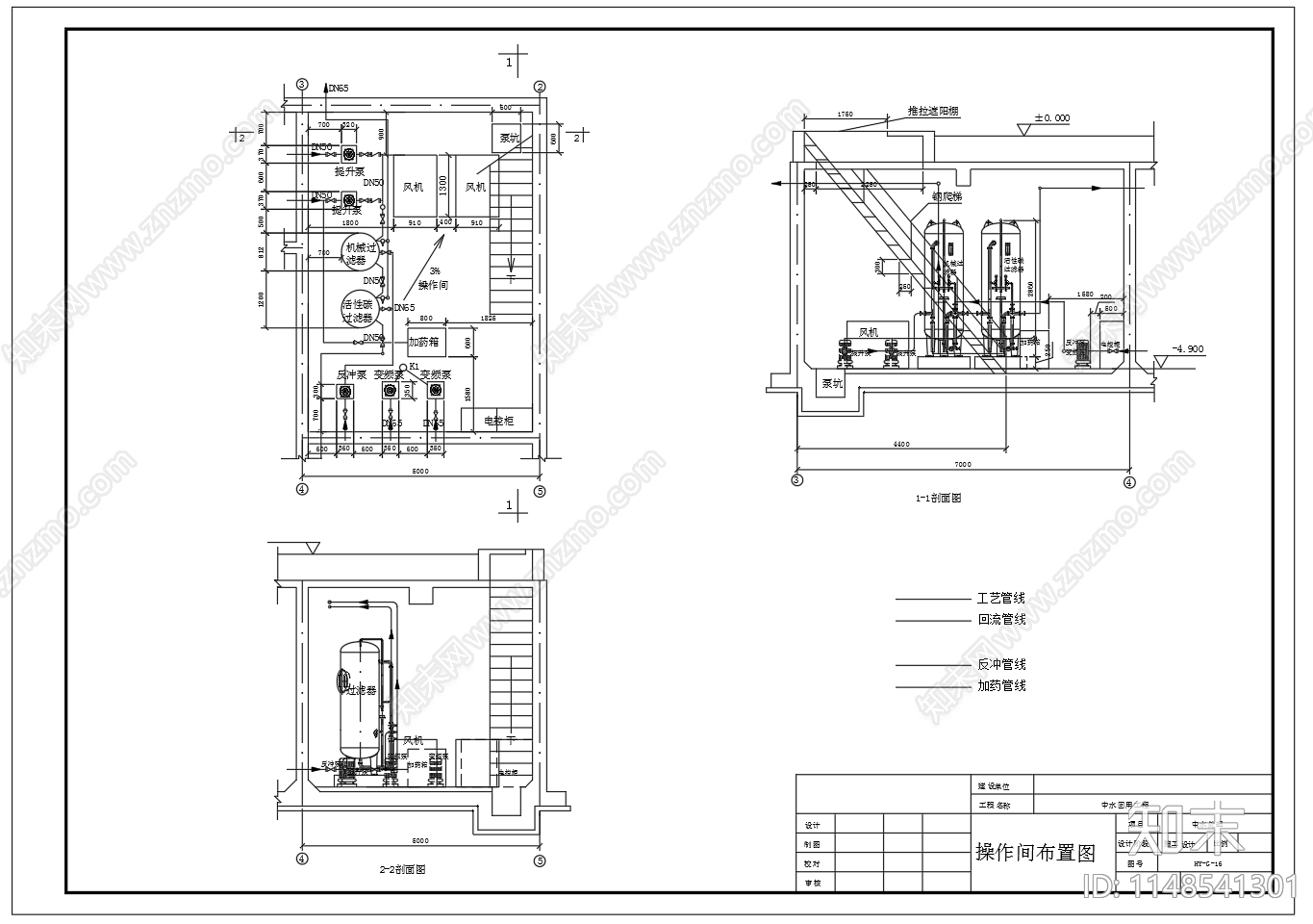 中水回用工程平面图流程高程图cad施工图下载【ID:1148541301】