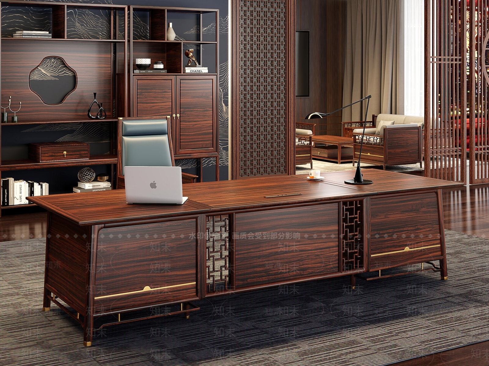 中式办公桌椅组合3D模型下载【ID:1148553576】