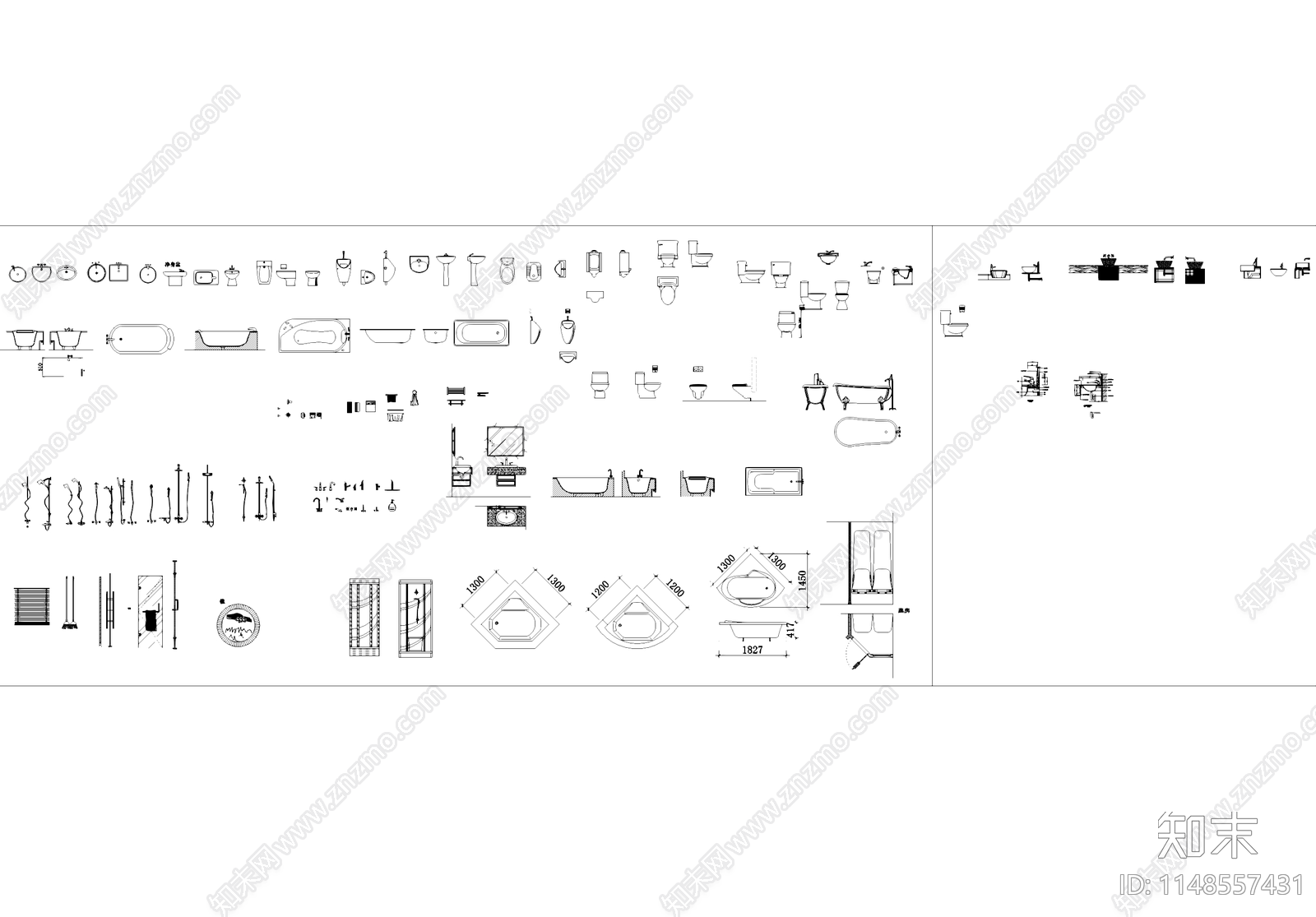 卫浴设施水龙头洗手池台盆马桶浴缸花洒施工图下载【ID:1148557431】