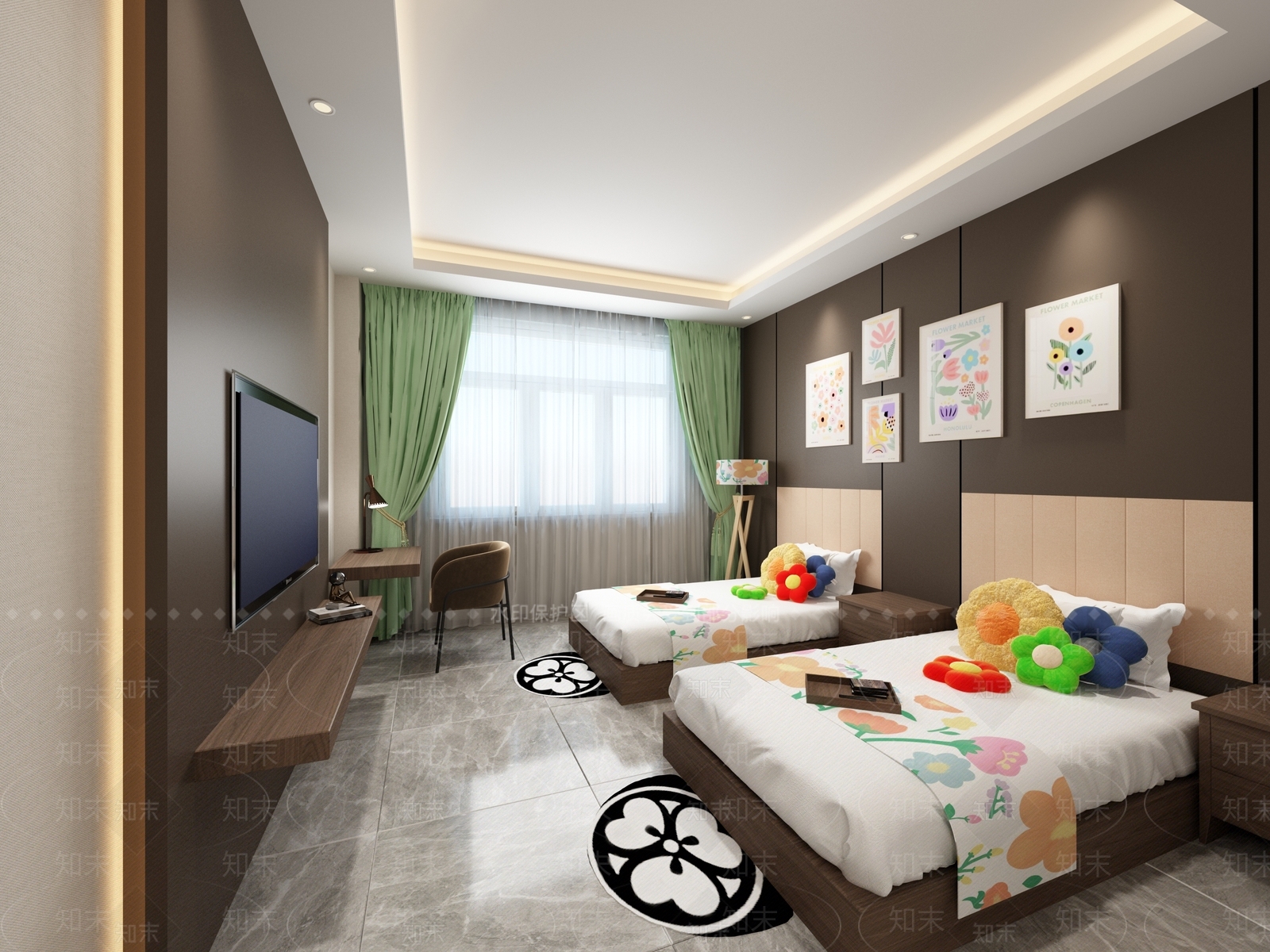 现代花卉主题酒店客房3D模型下载【ID:1148558581】