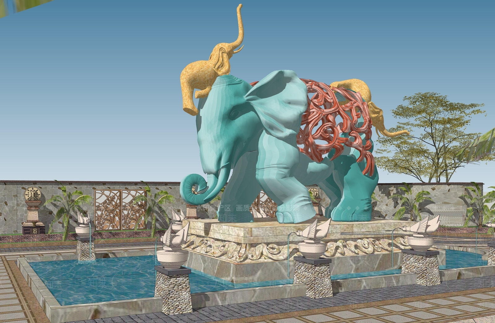 东南亚风镂空大象水景雕塑SU模型下载【ID:1148568009】