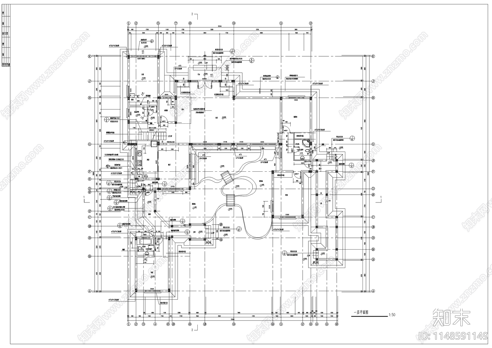 中国古典别墅建筑cad施工图下载【ID:1148591149】