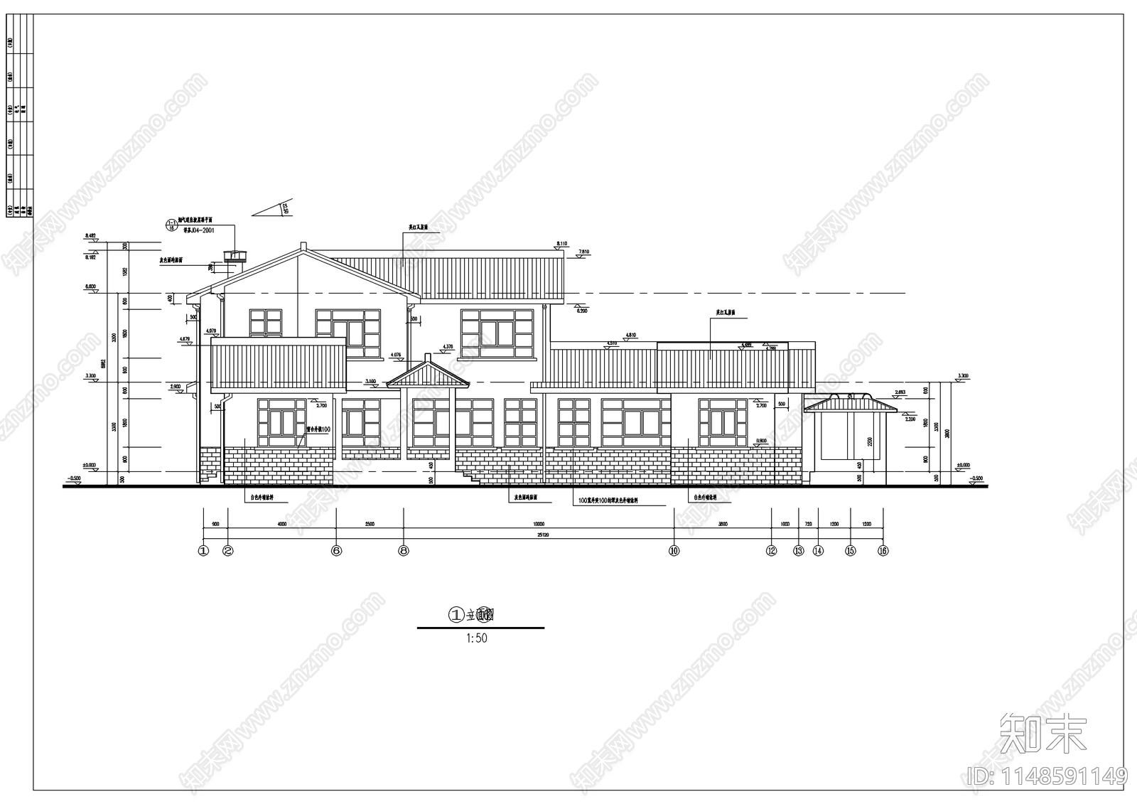 中国古典别墅建筑cad施工图下载【ID:1148591149】