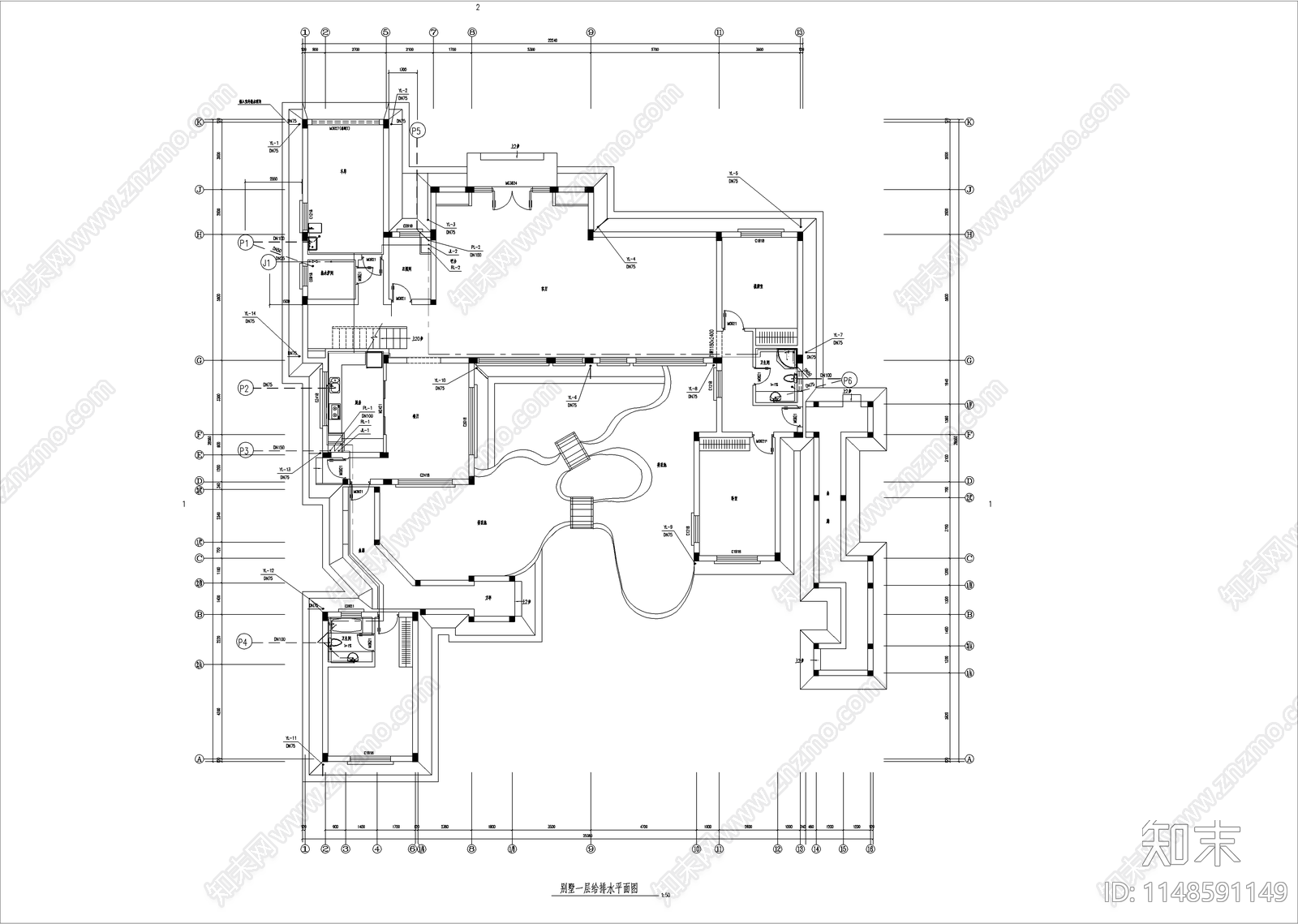 中国古典别墅建筑cad施工图下载【ID:1148591149】