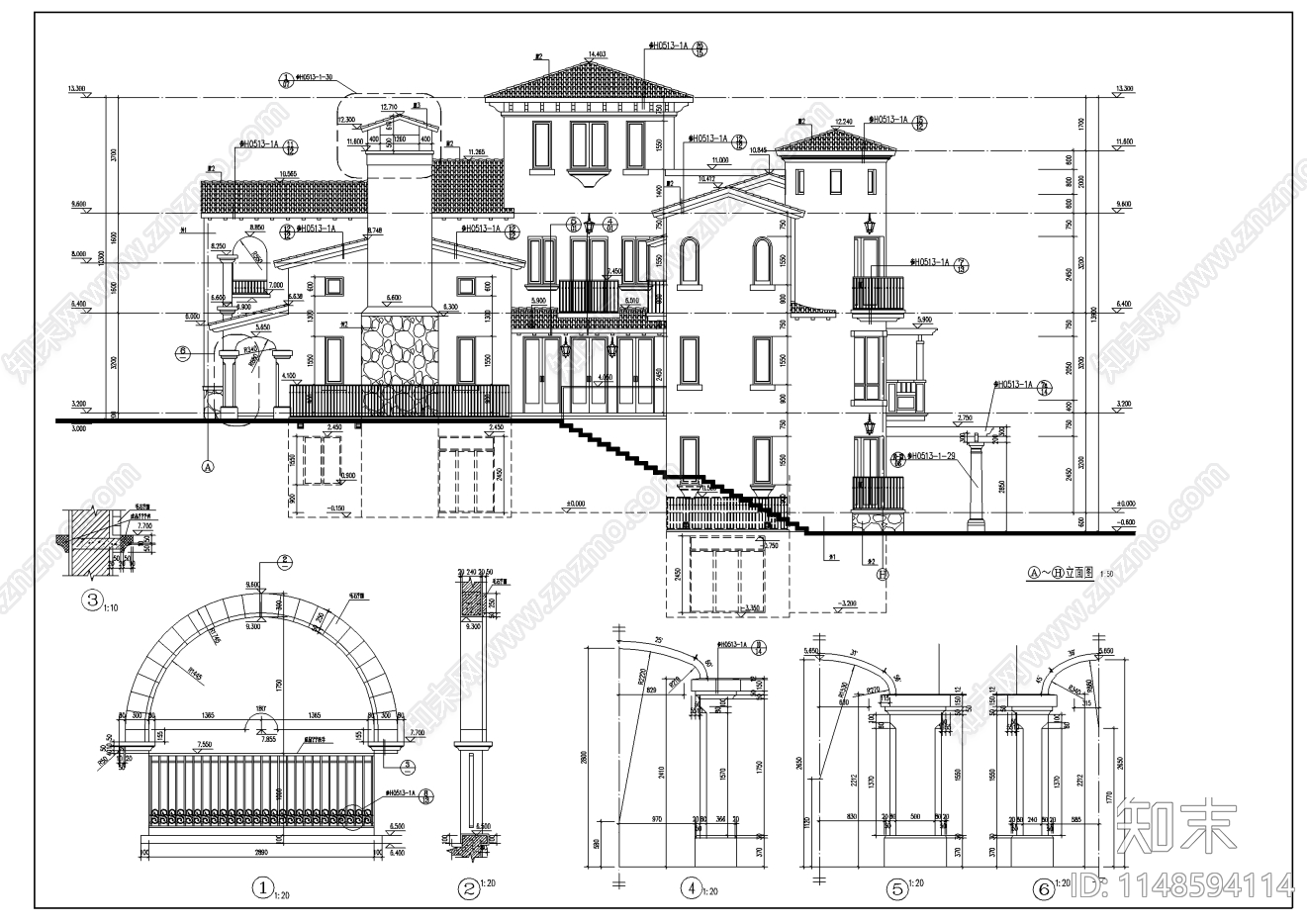 中国古典别墅建筑cad施工图下载【ID:1148594114】