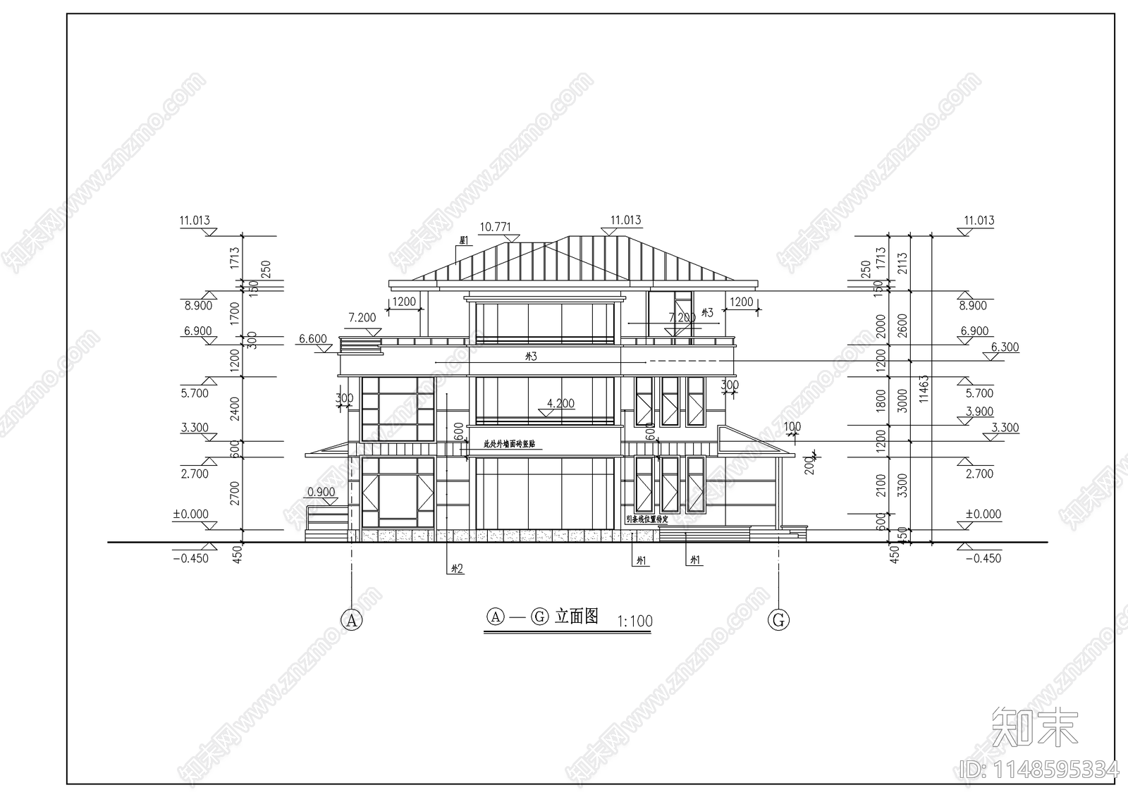 经典别墅样板建筑cad施工图下载【ID:1148595334】