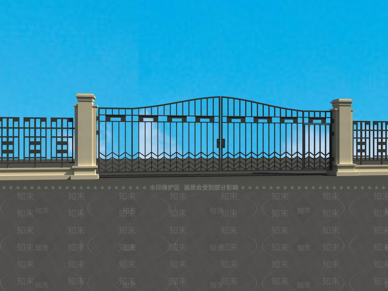 现代围墙铁艺大门3D模型下载【ID:1148598854】