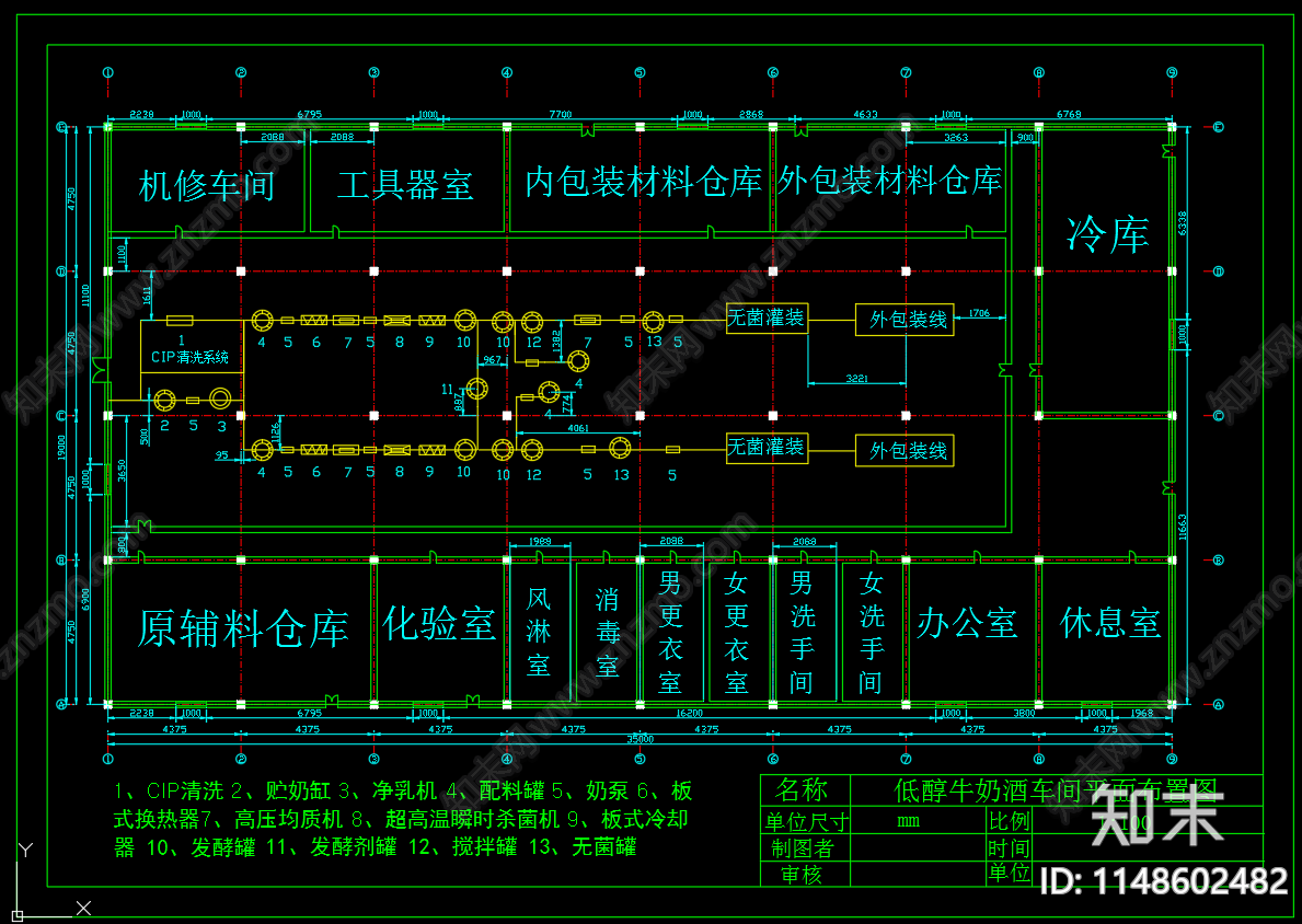 低醇牛奶酒车间平面cad施工图下载【ID:1148602482】