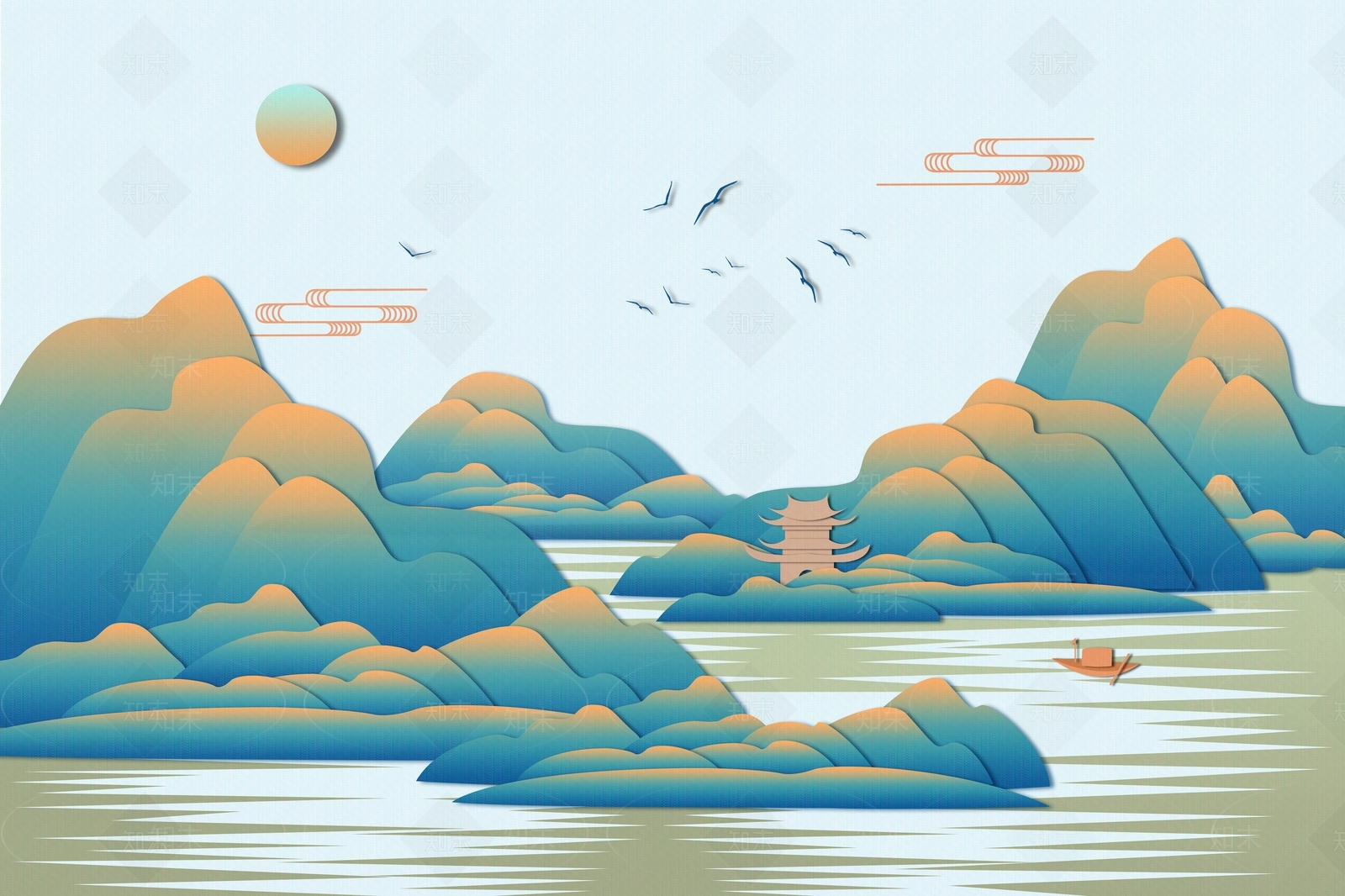 新中式国潮山水手绘插画贴图下载【ID:1148625910】