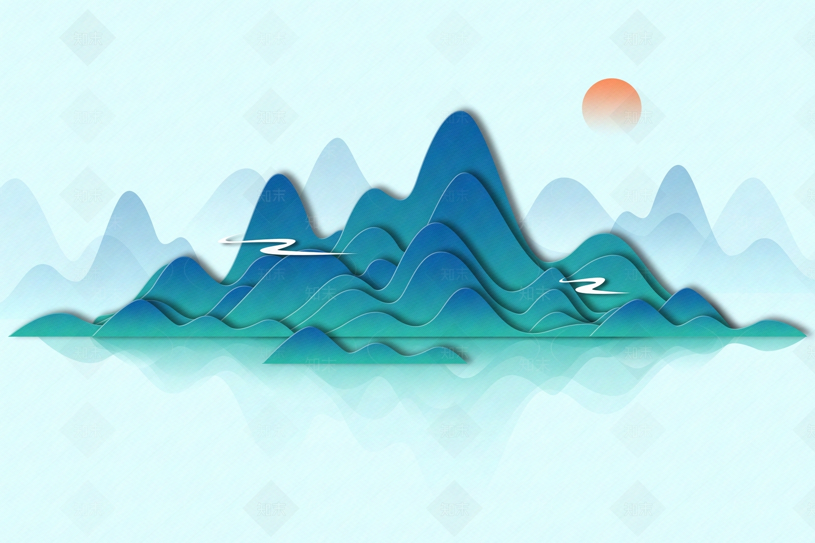 新中式国潮山水手绘插画贴图下载【ID:1148626151】