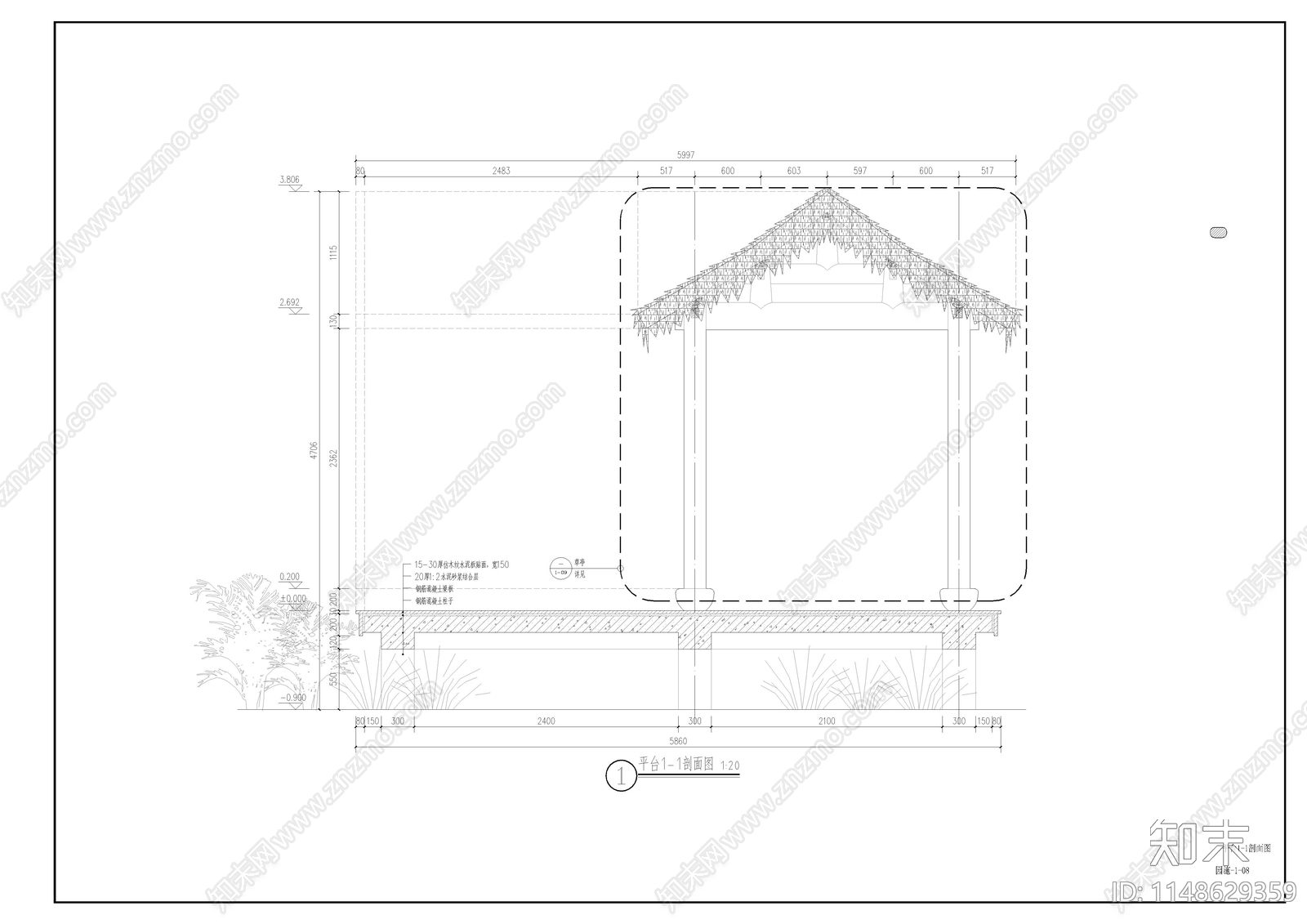 中式仿古廊架茅草廊架节点cad施工图下载【ID:1148629359】