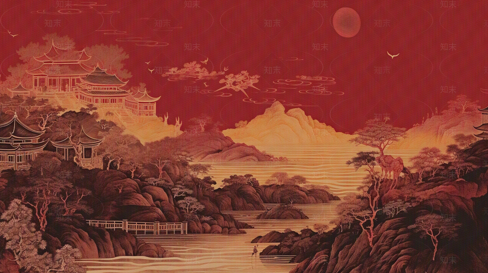 新中式红色建筑壁画贴图下载【ID:1148637689】