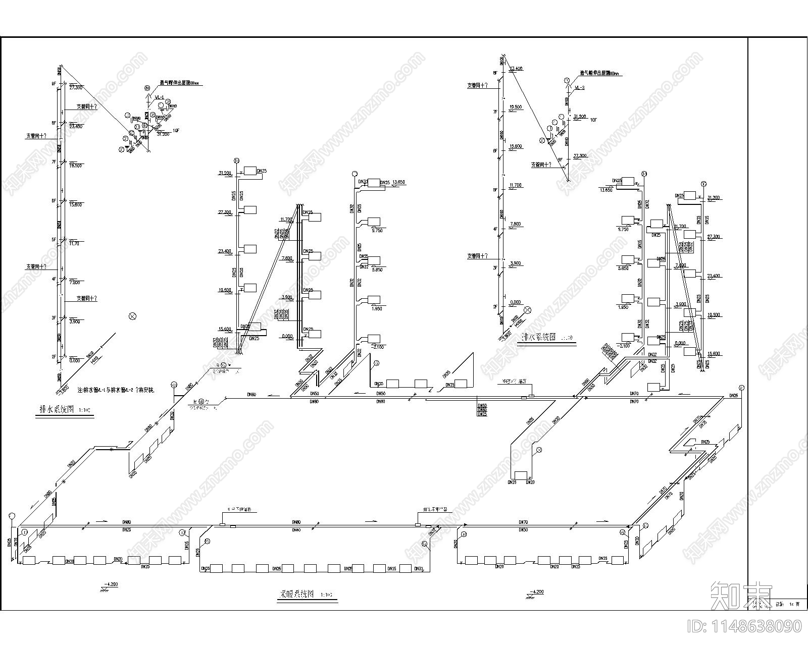 商业办公楼中央空调采暖通风管排水系统施工图下载【ID:1148638090】