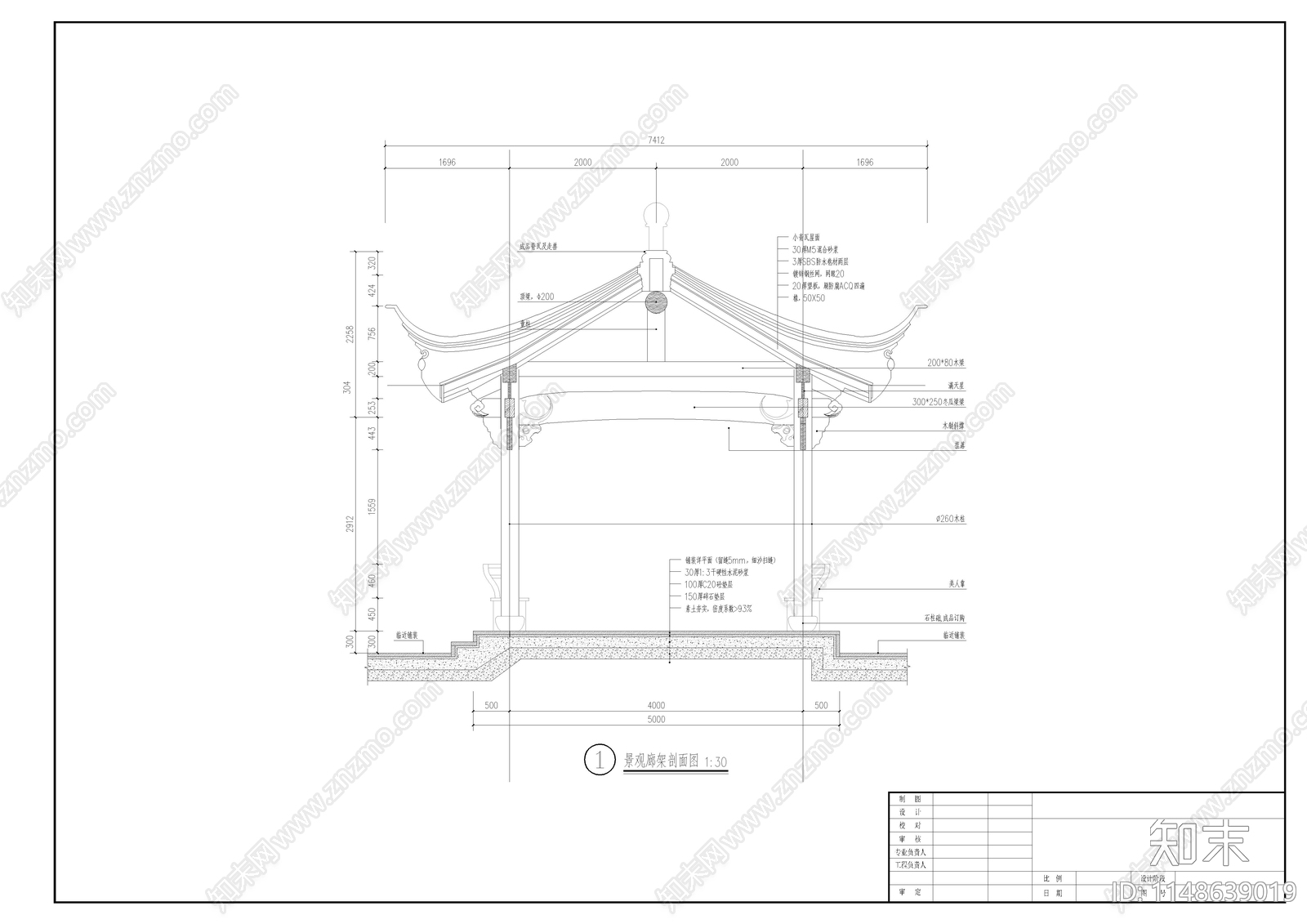 古建筑古典廊架亭子景观cad施工图下载【ID:1148639019】