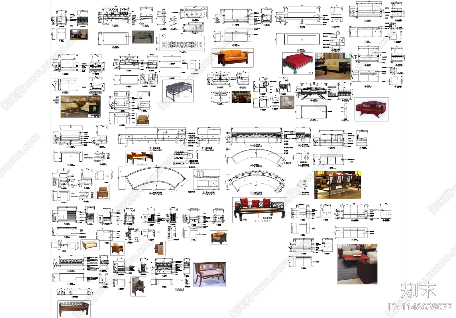 中式沙发座椅三视图节点cad施工图下载【ID:1148639077】