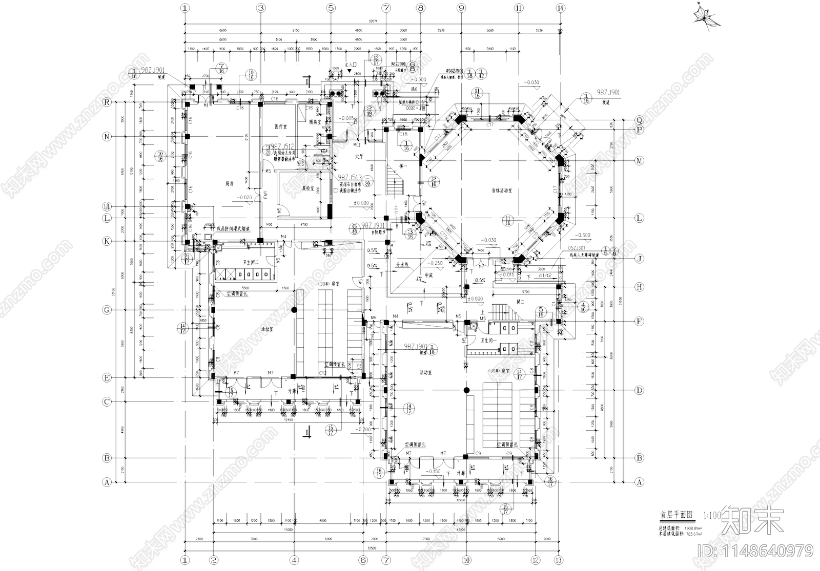 武汉现代森林小镇欧式幼儿园建筑cad施工图下载【ID:1148640979】