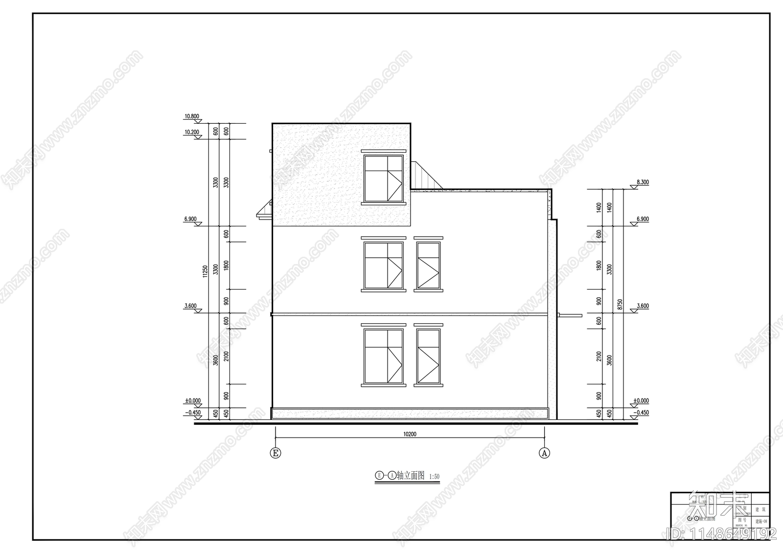 二层简约平顶别墅建筑cad施工图下载【ID:1148649192】