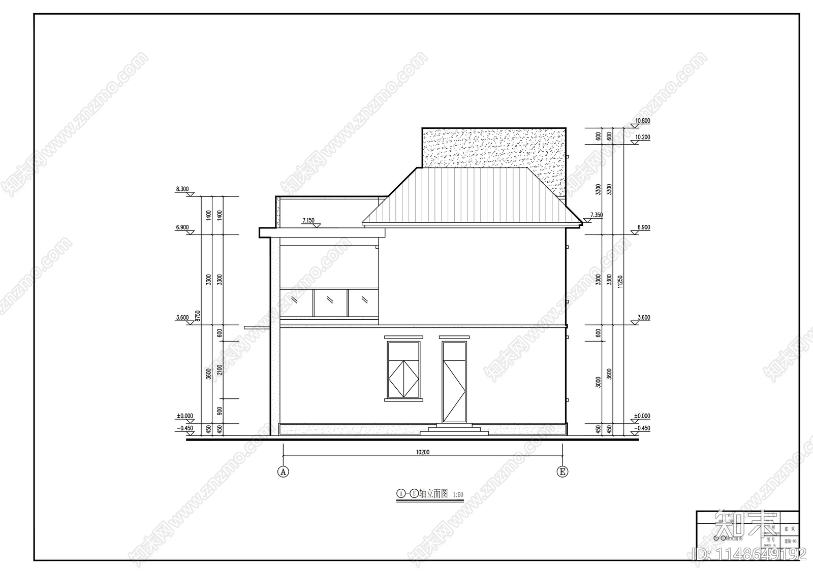 二层简约平顶别墅建筑cad施工图下载【ID:1148649192】