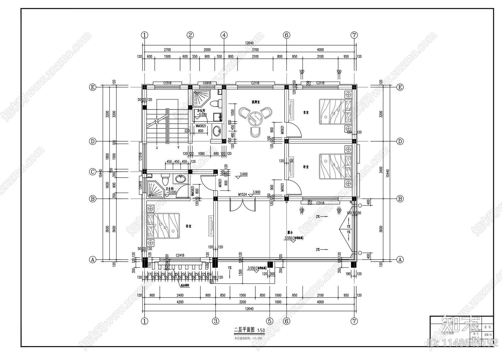 二层简约平顶别墅建筑cad施工图下载【ID:1148649192】