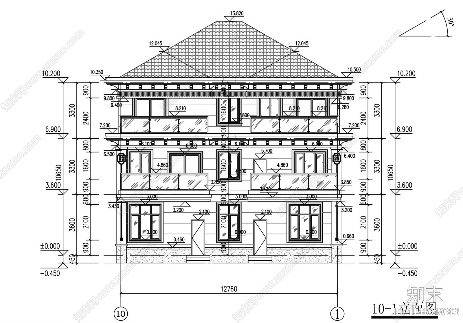 欧式三层别墅建筑cad施工图下载【ID:1148649303】