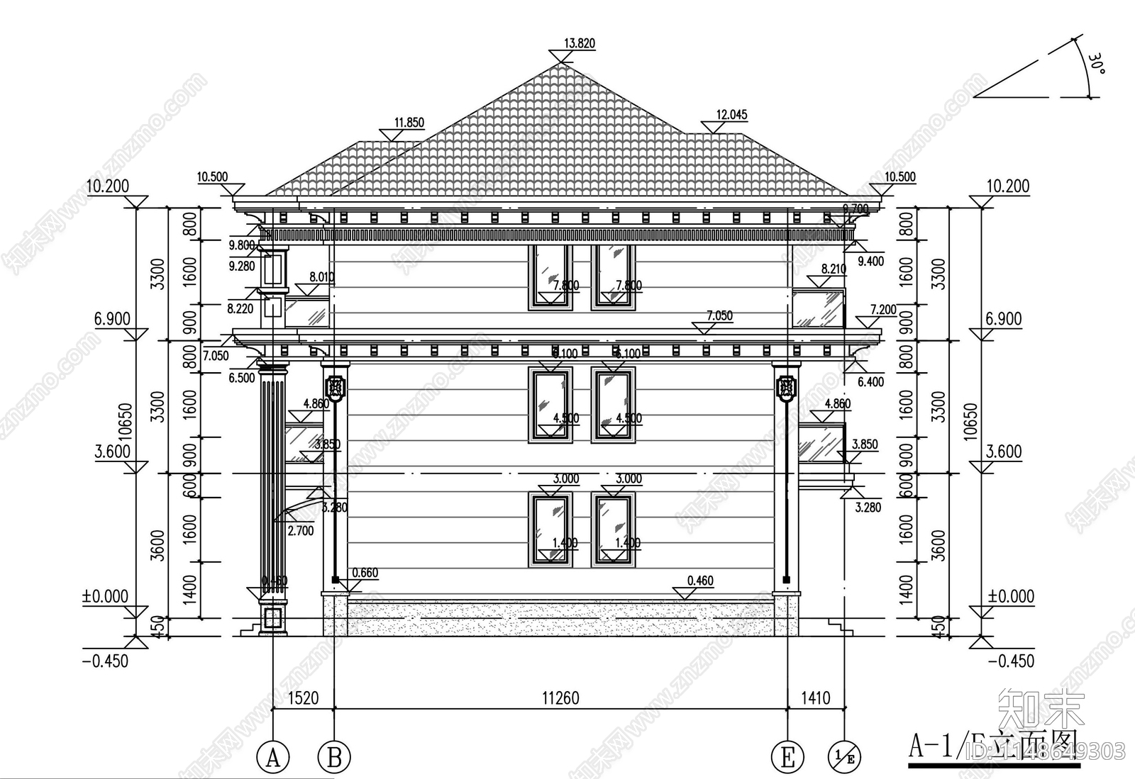 欧式三层别墅建筑cad施工图下载【ID:1148649303】