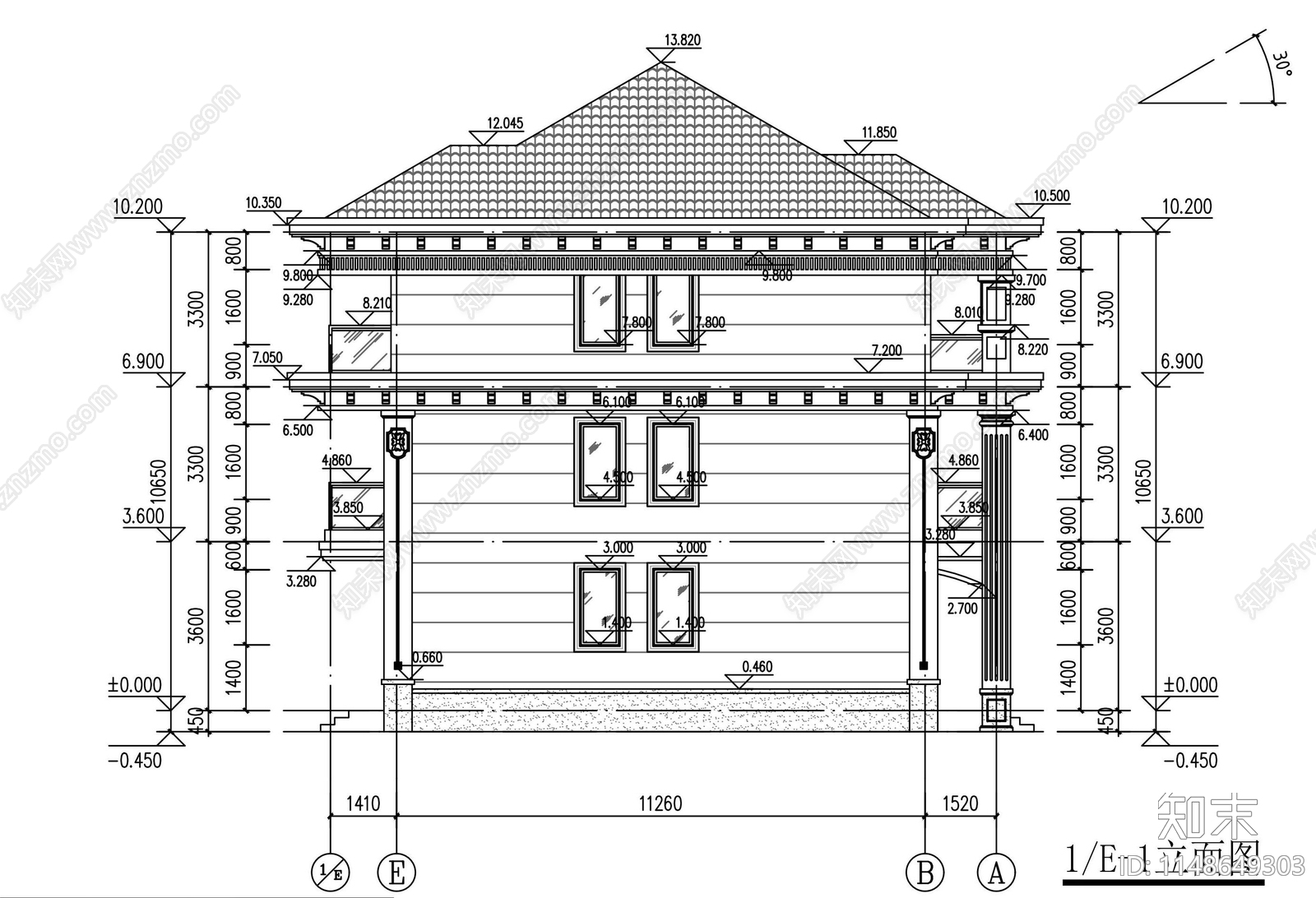 欧式三层别墅建筑cad施工图下载【ID:1148649303】